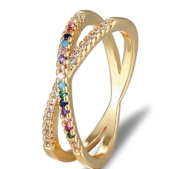 Rainbow Pave Cubic Zirconia Crystals Crossover Eternity Band Ring NWT - Picture 1 of 6